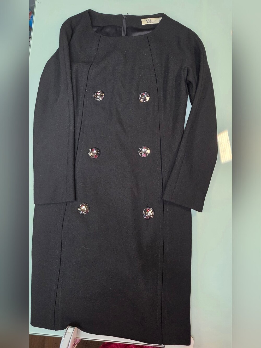 Valentina Barberini Black 100% Wool Dress 100% Silk Lining Jeweled Buttons Italy